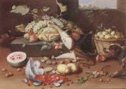 Jan Van Kessel the Younger Still life of a watermelon,pears,grapes and melons,plums,apricots and pears in a basket,with a dog surprising a monkey and fraises-de-bois spilling ou oil painting image